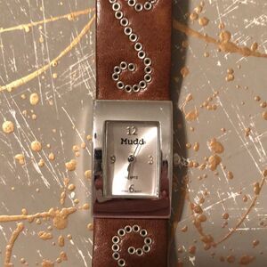 Mudd Silver Tone Brown Leather Band Teen Watch
